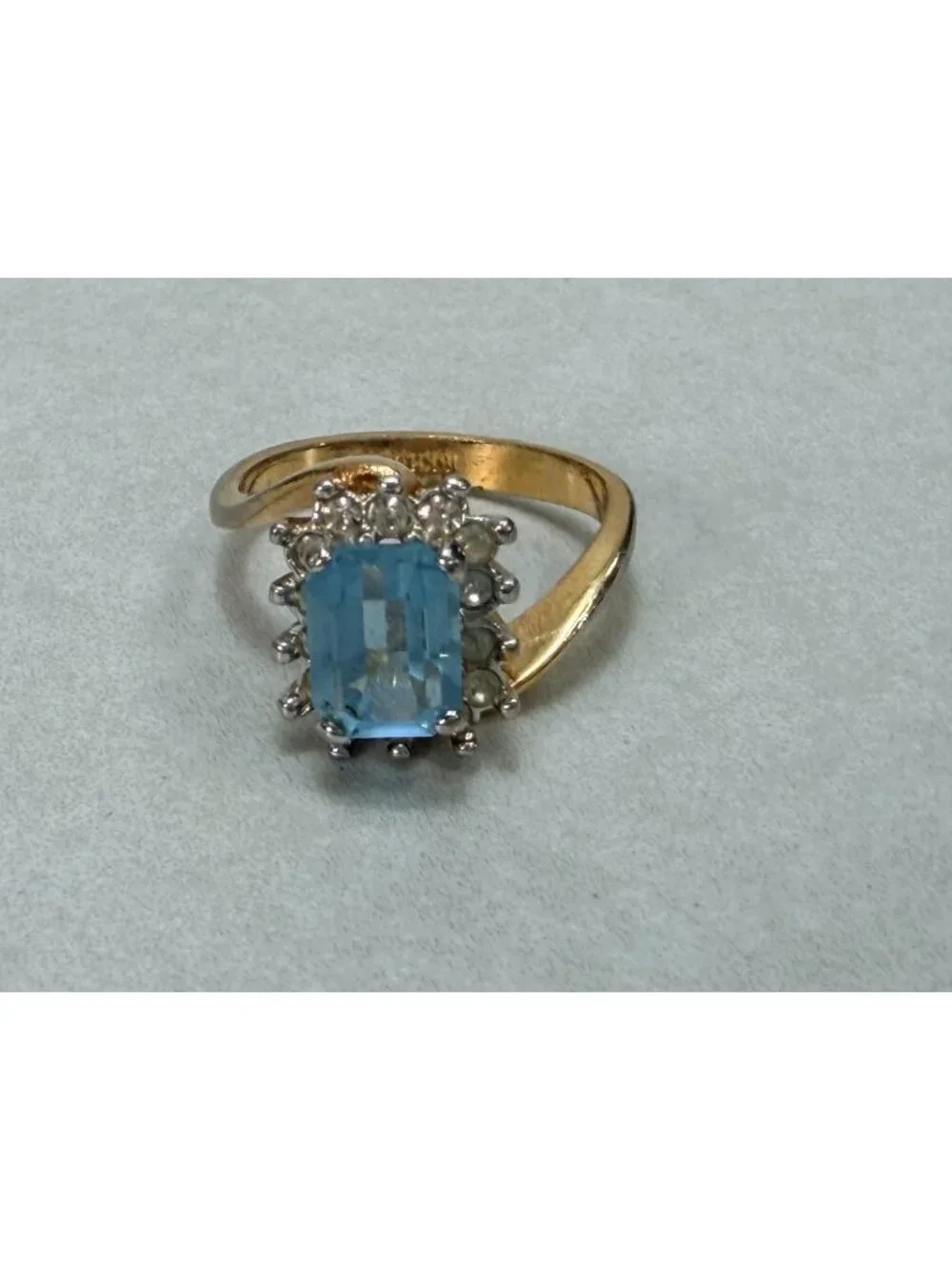 Vintage Stunning Blue Emerald Cut Halo Cocktail Ring Gold Tone Statement
